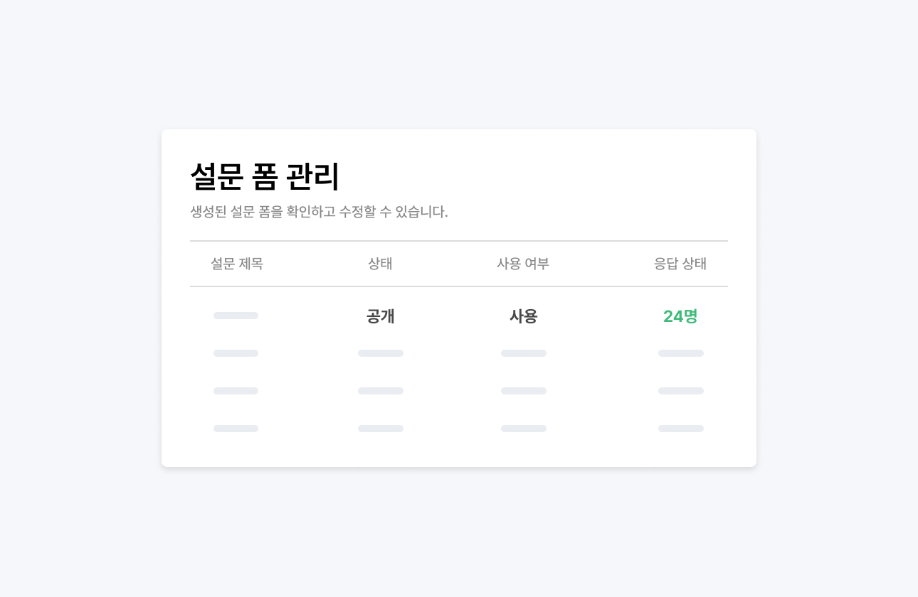 홈페이지에서 제출된 설문 응답 목록을 확인하는 관리자 화면